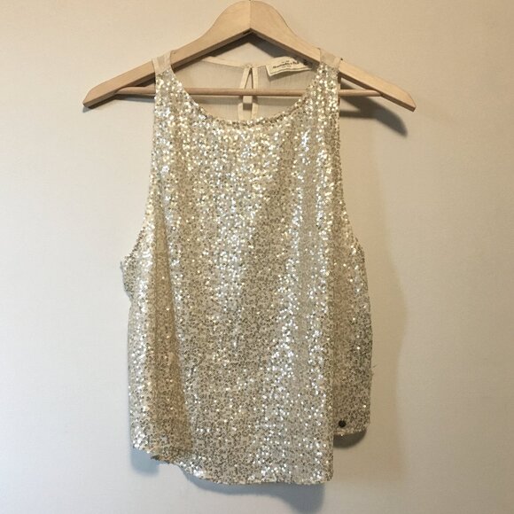 Abercrombie & Fitch Cream and Gold Sequin Sheer Glamorous Tank Top - Picture 3 of 16